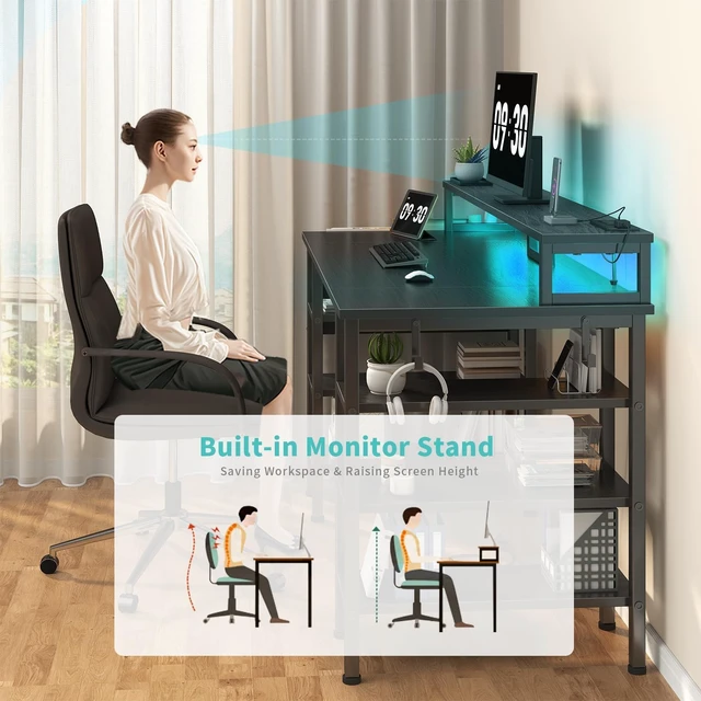 Alt view image 5 of 7 - Gaming Desk with LED Lights and Storage Shelves, 47 inch Computer Desk with Power Outlets, Home Office Desk with Monitor Stand, Writing Table PC Desks, Black