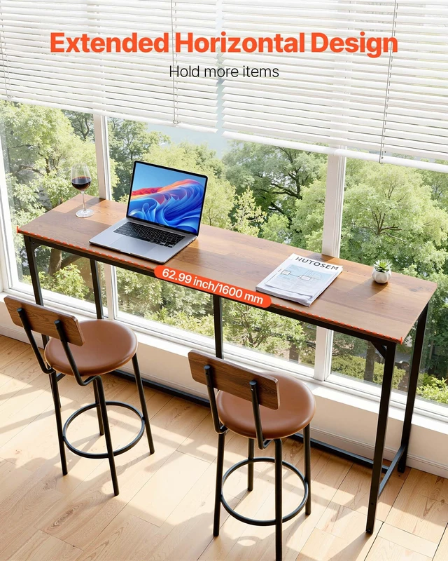 Alt view image 5 of 7 - Bar Table, Sturdy Metal Frame High Top Pub Table, Small Kitchen Dining, Cocktail Coffee Counter Bar Height Desk, Easy to Assemble, 63x16x36 in, for Living Room Party, Brown