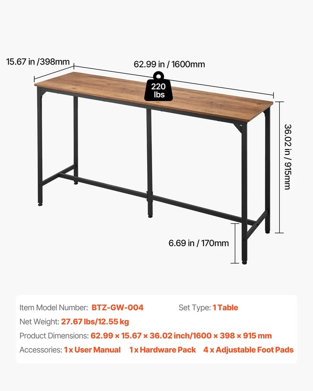Alt view image 3 of 7 - Bar Table, Sturdy Metal Frame High Top Pub Table, Small Kitchen Dining, Cocktail Coffee Counter Bar Height Desk, Easy to Assemble, 63x16x36 in, for Living Room Party, Brown