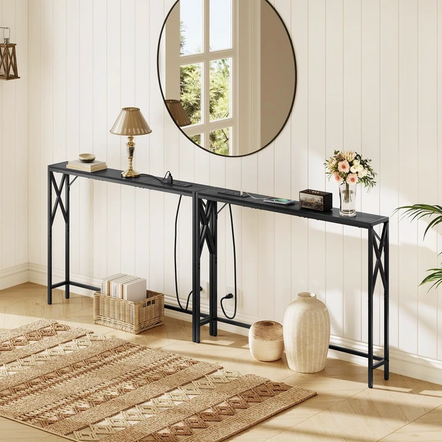 Alt view image 2 of 7 - 78.7" Sofa Table Behind Couch, Narrow Long Table with Outlet | 2 Pack, 5.9"D Long Skinny Design, Console Table Behind Couch, Industrial Style, Back of Couch Table for Living Room, Foyer