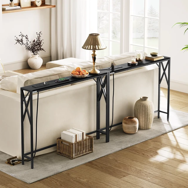 Alt view image 3 of 7 - 78.7" Sofa Table Behind Couch, Narrow Long Table with Outlet | 2 Pack, 5.9"D Long Skinny Design, Console Table Behind Couch, Industrial Style, Back of Couch Table for Living Room, Foyer