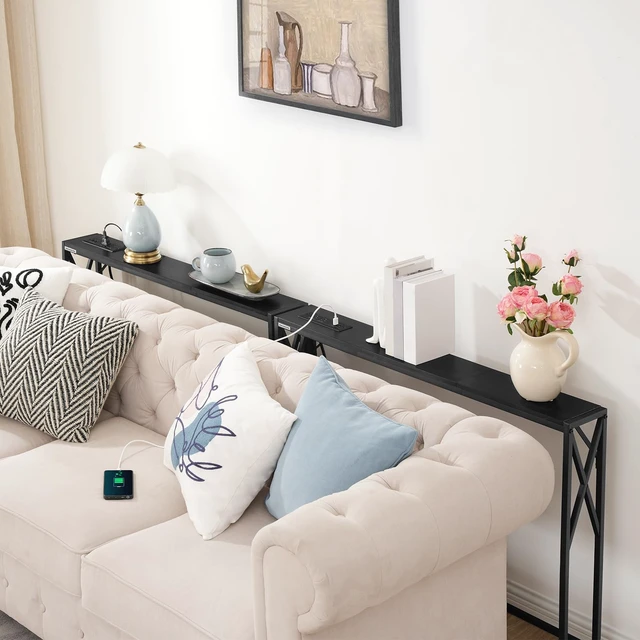 Alt view image 4 of 7 - 78.7" Sofa Table Behind Couch, Narrow Long Table with Outlet | 2 Pack, 5.9"D Long Skinny Design, Console Table Behind Couch, Industrial Style, Back of Couch Table for Living Room, Foyer