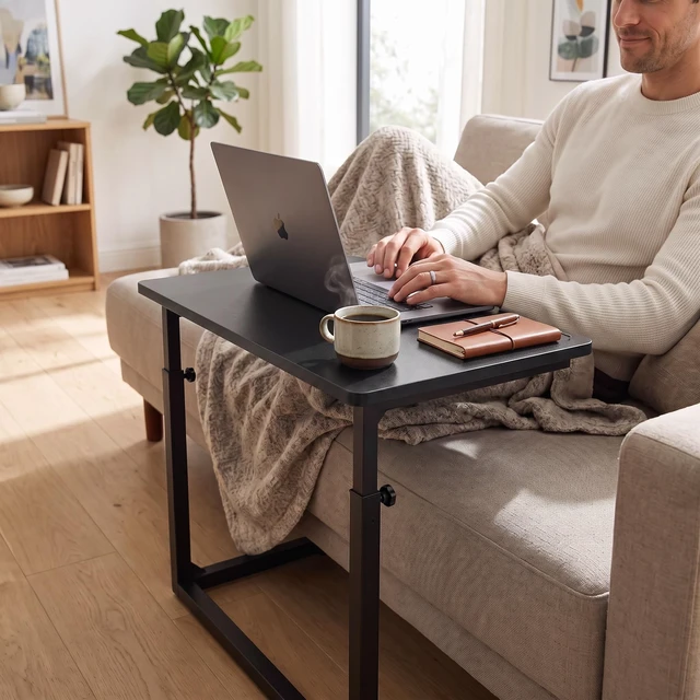 Alt view image 3 of 7 - Height Adjustable C-Shaped Sofa Side Table, Laptop Table for Couch & Bed, Black