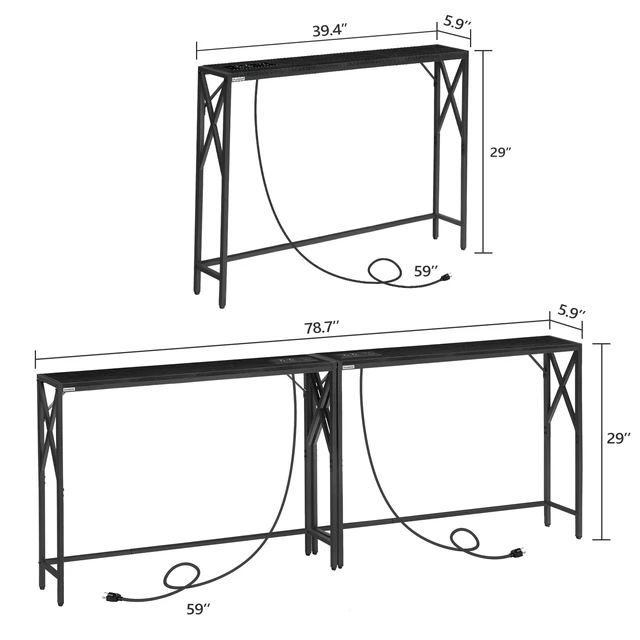 Alt view image 6 of 7 - 78.7" Sofa Table Behind Couch, Narrow Long Table with Outlet | 2 Pack, 5.9"D Long Skinny Design, Console Table Behind Couch, Industrial Style, Back of Couch Table for Living Room, Foyer