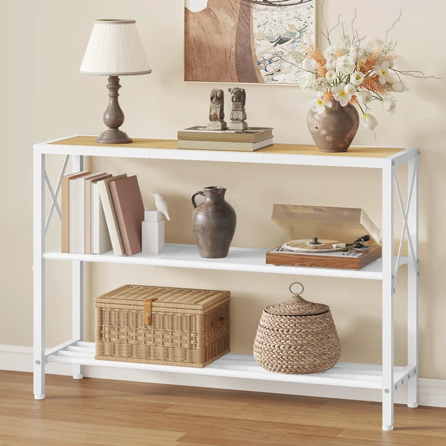 Alt view image 2 of 7 - Industrial Console Table, 3 Tier Entryway Tables, Hallway Desk, Narrow Sofa Tables with Shelves, Entrance Table for Entryway, Living Room, Foyer, Hallway, Office, Oak Beige