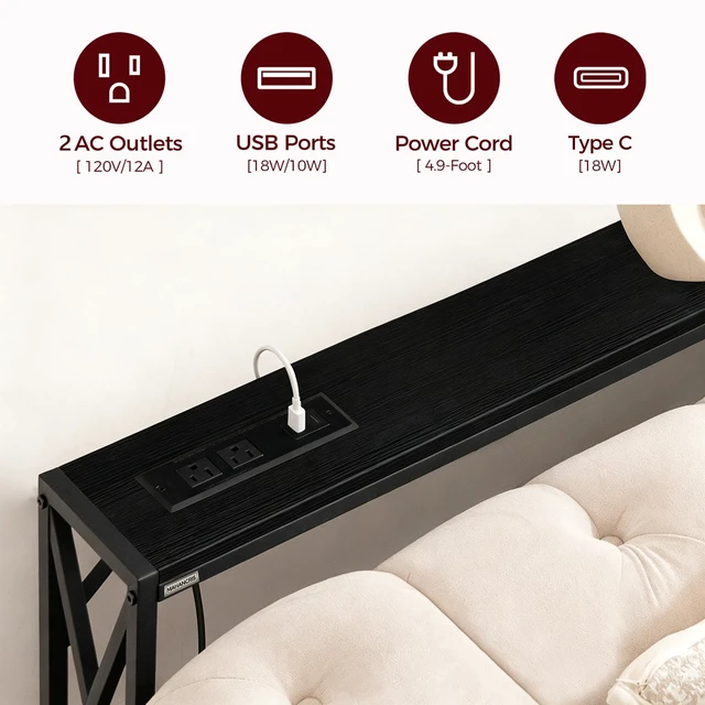 Alt view image 7 of 7 - 78.7" Sofa Table Behind Couch, Narrow Long Table with Outlet | 2 Pack, 5.9"D Long Skinny Design, Console Table Behind Couch, Industrial Style, Back of Couch Table for Living Room, Foyer