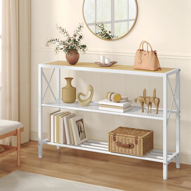 Alt view image 3 of 7 - Industrial Console Table, 3 Tier Entryway Tables, Hallway Desk, Narrow Sofa Tables with Shelves, Entrance Table for Entryway, Living Room, Foyer, Hallway, Office, Oak Beige