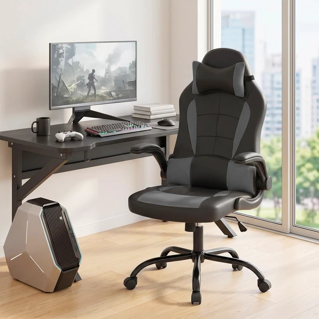 Alt view image 2 of 7 - Ergonomic Gaming Chair for Adults, Office Desk Chair, Blue | High back PU leather gaming chair with lumbar support, adjustable headrest, flip-up arms, rocking tilt and 250 lb capacity