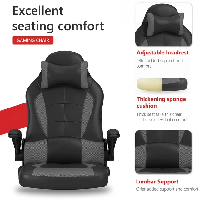 Alt view image 3 of 7 - Ergonomic Gaming Chair for Adults, Office Desk Chair, Blue | High back PU leather gaming chair with lumbar support, adjustable headrest, flip-up arms, rocking tilt and 250 lb capacity