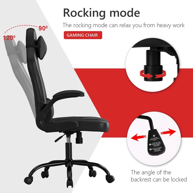 Alt view image 4 of 7 - Ergonomic Gaming Chair for Adults, Office Desk Chair, Blue | High back PU leather gaming chair with lumbar support, adjustable headrest, flip-up arms, rocking tilt and 250 lb capacity