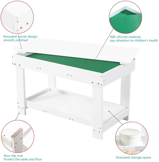 Alt view image 6 of 6 - Kids Activity Table with Board and Storage for Bricks Activity Play Table (White Double Table)