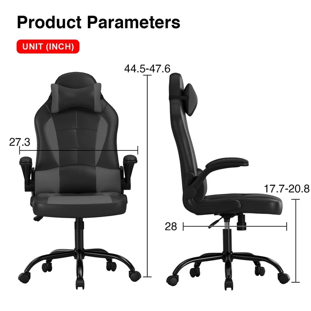 Alt view image 7 of 7 - Ergonomic Gaming Chair for Adults, Office Desk Chair, Blue | High back PU leather gaming chair with lumbar support, adjustable headrest, flip-up arms, rocking tilt and 250 lb capacity