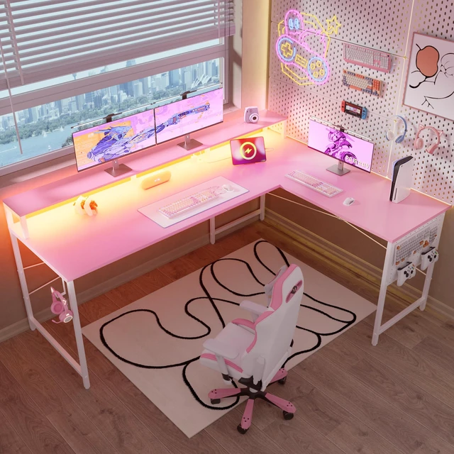 Alt view image 2 of 7 - 64 Inch L Shaped Gaming Desk with Monitor Stand and Power Outlets | Large Corner Computer Desk With Pegboard & Led Lights USB Charging Ports for Home Office Study and Writing Bedroom and Dorms