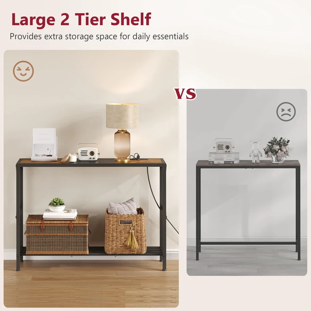 Alt view image 3 of 7 - 2 Tier Console Table with Charging Station, Rustic Brown | Narrow Entryway Table with X Frame, Hallway Table with Shelves, Thin Sofa Table for Living Room, Corridor, Hallway, Office