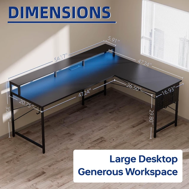 Alt view image 5 of 7 - 64 Inch L Shaped Gaming Desk with Monitor Stand and Power Outlets | Large Corner Computer Desk With Pegboard & Led Lights USB Charging Ports for Home Office Study and Writing Bedroom and Dorms