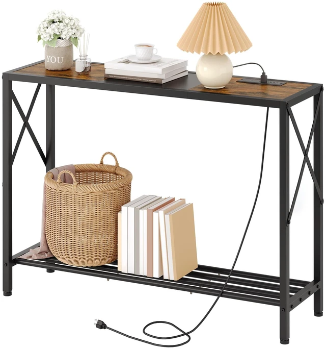 Main image of 2 Tier Console Table with Charging Station, Rustic Brown | Narrow Entryway Table with X Frame, Hallway Table with Shelves, Thin Sofa Table for Living Room, Corridor, Hallway, Office