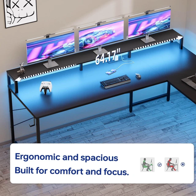 Alt view image 4 of 7 - 64 Inch L Shaped Gaming Desk with Monitor Stand and Power Outlets | Large Corner Computer Desk With Pegboard & Led Lights USB Charging Ports for Home Office Study and Writing Bedroom and Dorms