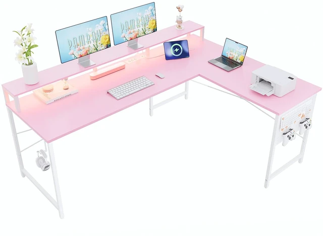 Main image of 64 Inch L Shaped Gaming Desk with Monitor Stand and Power Outlets | Large Corner Computer Desk With Pegboard & Led Lights USB Charging Ports for Home Office Study and Writing Bedroom and Dorms