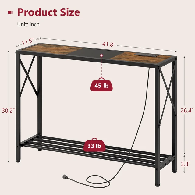 Alt view image 2 of 7 - 2 Tier Console Table with Charging Station, Rustic Brown | Narrow Entryway Table with X Frame, Hallway Table with Shelves, Thin Sofa Table for Living Room, Corridor, Hallway, Office