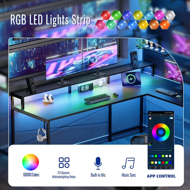 Alt view image 3 of 7 - 64 Inch L Shaped Gaming Desk with Monitor Stand and Power Outlets | Large Corner Computer Desk With Pegboard & Led Lights USB Charging Ports for Home Office Study and Writing Bedroom and Dorms