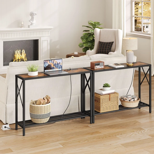 Alt view image 5 of 7 - 2 Tier Console Table with Charging Station, Rustic Brown | Narrow Entryway Table with X Frame, Hallway Table with Shelves, Thin Sofa Table for Living Room, Corridor, Hallway, Office