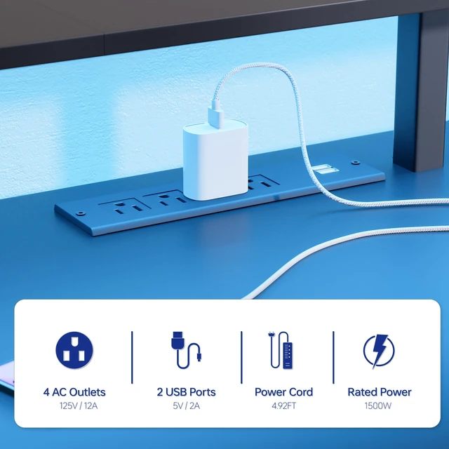 Alt view image 6 of 7 - 64 Inch L Shaped Gaming Desk with Monitor Stand and Power Outlets | Large Corner Computer Desk With Pegboard & Led Lights USB Charging Ports for Home Office Study and Writing Bedroom and Dorms