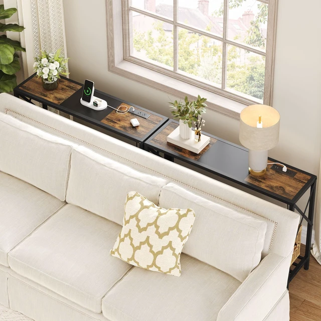 Alt view image 7 of 7 - 2 Tier Console Table with Charging Station, Rustic Brown | Narrow Entryway Table with X Frame, Hallway Table with Shelves, Thin Sofa Table for Living Room, Corridor, Hallway, Office