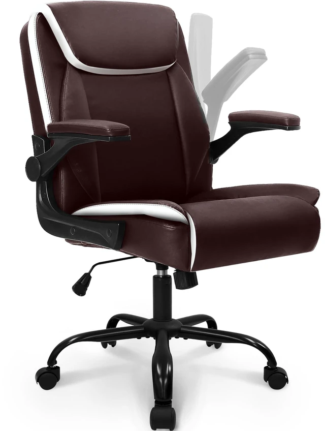 Main image of PU Leather Office Desk Chair with Adjustable Arms, Warm Brown | Ergonomic Mid Back Computer Desk Chair Comfy with Wheels Swivel Rolling for Home Office Gaming Study