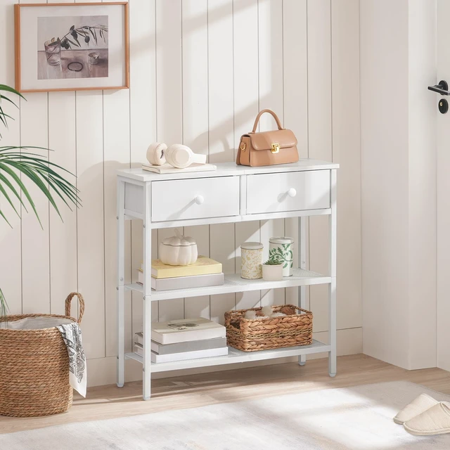 Alt view image 2 of 7 - 29.5" Narrow Console Table with 2 Fabric Drawers, Small Sofa Table | Entryway Table with 3-Tier Storage Shelves, Behind Couch Table, for Living Room, Hallway, White WW72XG01G1