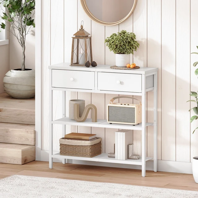 Alt view image 3 of 7 - 29.5" Narrow Console Table with 2 Fabric Drawers, Small Sofa Table | Entryway Table with 3-Tier Storage Shelves, Behind Couch Table, for Living Room, Hallway, White WW72XG01G1