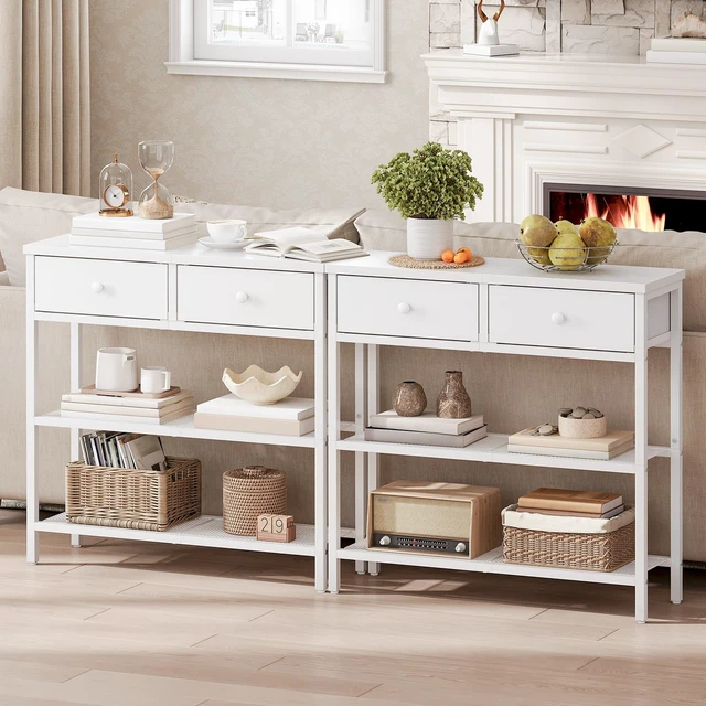 Alt view image 6 of 7 - 29.5" Narrow Console Table with 2 Fabric Drawers, Small Sofa Table | Entryway Table with 3-Tier Storage Shelves, Behind Couch Table, for Living Room, Hallway, White WW72XG01G1