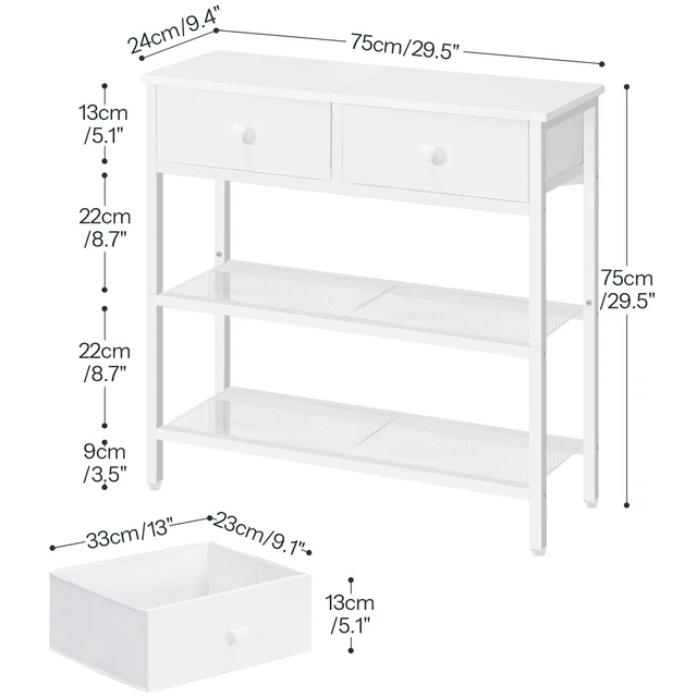 Alt view image 4 of 7 - 29.5" Narrow Console Table with 2 Fabric Drawers, Small Sofa Table | Entryway Table with 3-Tier Storage Shelves, Behind Couch Table, for Living Room, Hallway, White WW72XG01G1