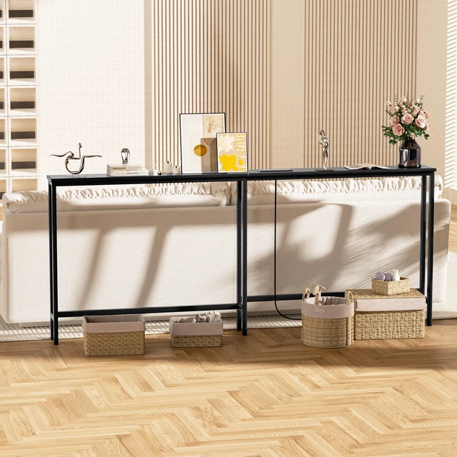 Alt view image 2 of 7 - 70.9 Inch Narrow Console Table with Outlet,Bamboo Sofa Table,Behind Couch Table,Skinny Hallway Table for Entryway Living Room,Foyer,Black