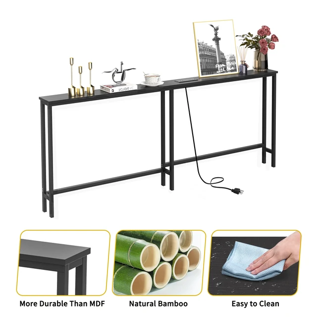 Alt view image 5 of 7 - 70.9 Inch Narrow Console Table with Outlet,Bamboo Sofa Table,Behind Couch Table,Skinny Hallway Table for Entryway Living Room,Foyer,Black