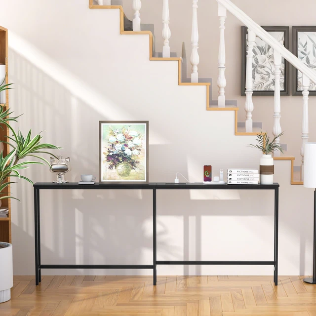 Alt view image 7 of 7 - 70.9 Inch Narrow Console Table with Outlet,Bamboo Sofa Table,Behind Couch Table,Skinny Hallway Table for Entryway Living Room,Foyer,Black
