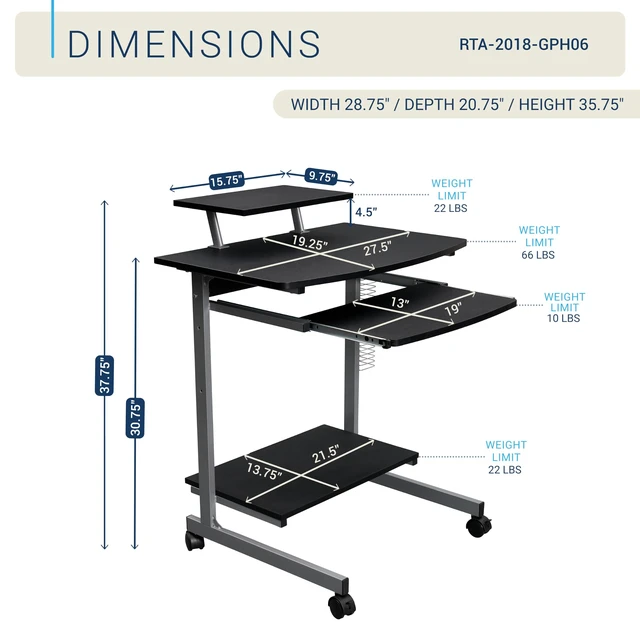 Alt view image 3 of 7 - Rolling Computer Desk Cart w/ Keyboard Tray & Wheels, Black | Locking casters, printer stand, office cart, compact desk, home office, small space computer workstation
