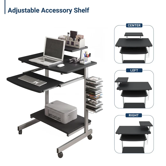 Alt view image 6 of 7 - Rolling Computer Desk Cart w/ Keyboard Tray & Wheels, Black | Locking casters, printer stand, office cart, compact desk, home office, small space computer workstation