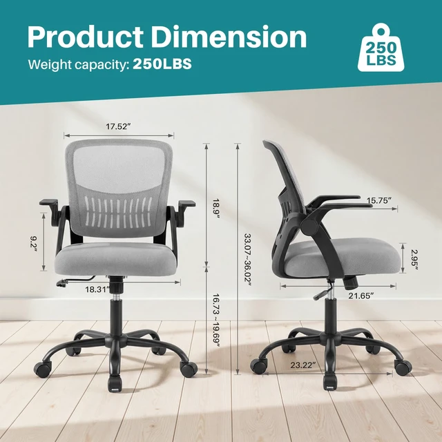 Alt view image 2 of 7 - Ergonomic Office Desk Chair with Wheels, Mid-Back Computer Chair | Mid-Back Mesh Chair with Adjustable Lumbar Support, Rocking Mode, Adjustable Height and 360° Swivel Wheels for Home Office