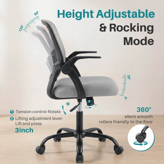 Alt view image 4 of 7 - Ergonomic Office Desk Chair with Wheels, Mid-Back Computer Chair | Mid-Back Mesh Chair with Adjustable Lumbar Support, Rocking Mode, Adjustable Height and 360° Swivel Wheels for Home Office