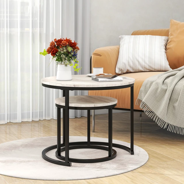 Alt view image 2 of 7 - Round Coffee Table,Nesting Coffee Table Set of 2,Center Tables for Living Room,Office, Home Small Space,Stacking Side Tables,Sturdy and Easy Assembly,Wood Desktop,Black+White Oak,Small