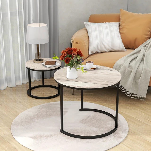 Alt view image 3 of 7 - Round Coffee Table,Nesting Coffee Table Set of 2,Center Tables for Living Room,Office, Home Small Space,Stacking Side Tables,Sturdy and Easy Assembly,Wood Desktop,Black+White Oak,Small