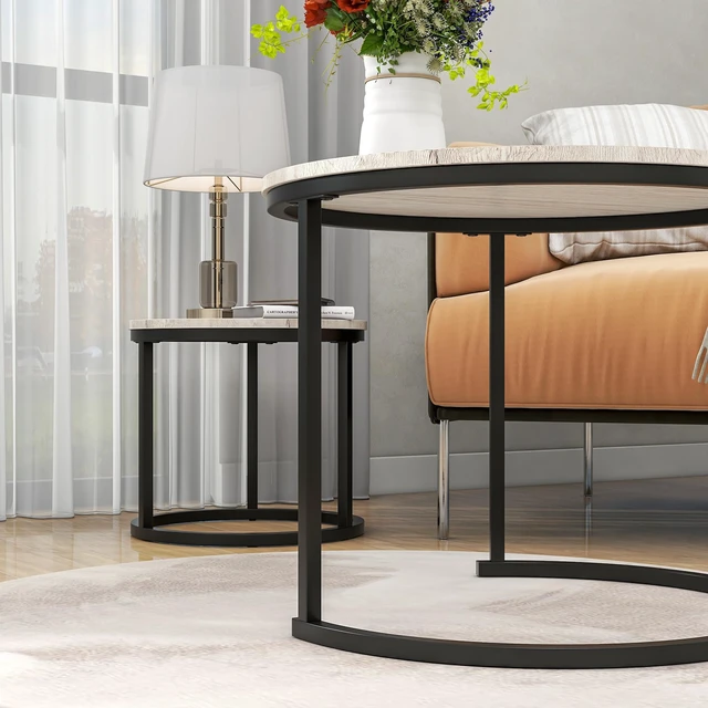Alt view image 5 of 7 - Round Coffee Table,Nesting Coffee Table Set of 2,Center Tables for Living Room,Office, Home Small Space,Stacking Side Tables,Sturdy and Easy Assembly,Wood Desktop,Black+White Oak,Small