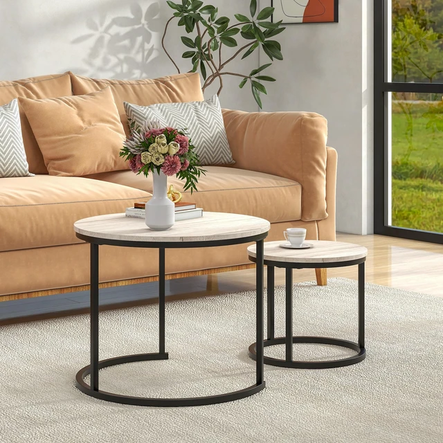 Alt view image 7 of 7 - Round Coffee Table,Nesting Coffee Table Set of 2,Center Tables for Living Room,Office, Home Small Space,Stacking Side Tables,Sturdy and Easy Assembly,Wood Desktop,Black+White Oak,Small