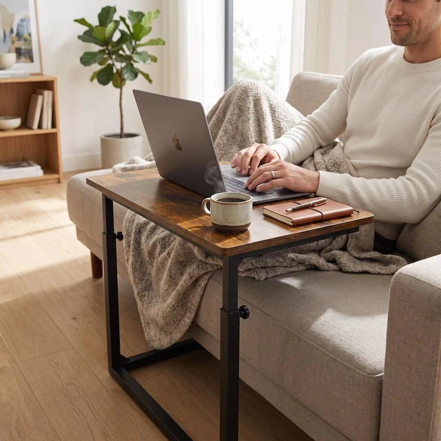 Alt view image 3 of 7 - Height Adjustable C-Shaped Sofa Side Table, Laptop Table for Couch & Bed, Rustic Brown