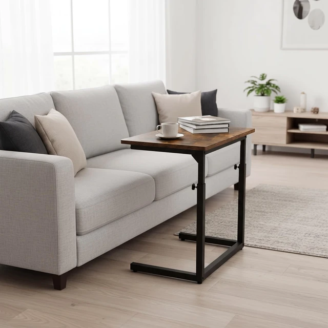Alt view image 2 of 7 - Height Adjustable C-Shaped Sofa Side Table, Laptop Table for Couch & Bed, Rustic Brown