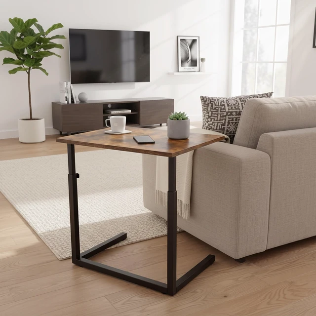 Alt view image 4 of 7 - Height Adjustable C-Shaped Sofa Side Table, Laptop Table for Couch & Bed, Rustic Brown