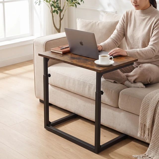 Alt view image 5 of 7 - Height Adjustable C-Shaped Sofa Side Table, Laptop Table for Couch & Bed, Rustic Brown