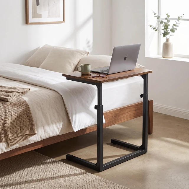 Alt view image 7 of 7 - Height Adjustable C-Shaped Sofa Side Table, Laptop Table for Couch & Bed, Rustic Brown