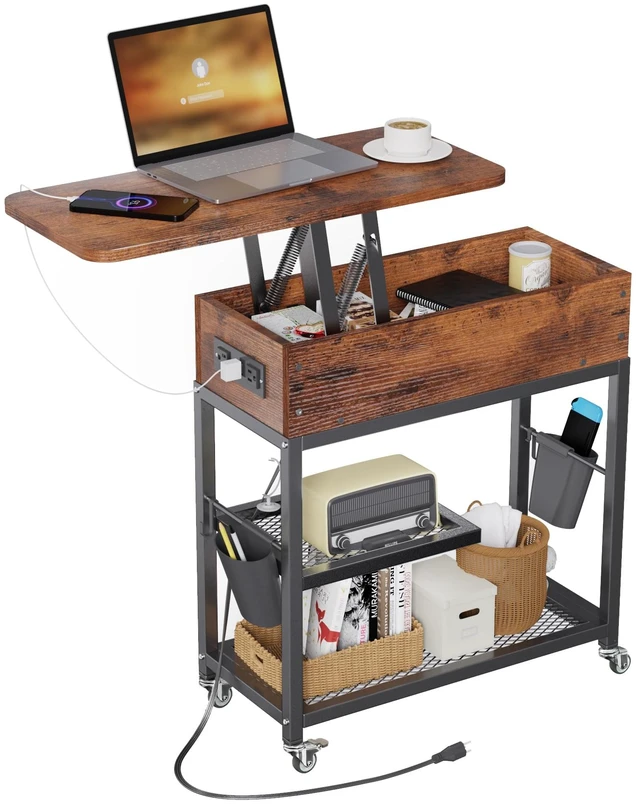 Main image of Lift-Top Side Table with Charging Station, USB Ports & AC Outlets | Mobile End Table Hidden Storage, Wheels - Rustic Wood Nightstand for Living Room, Bedroom, Office