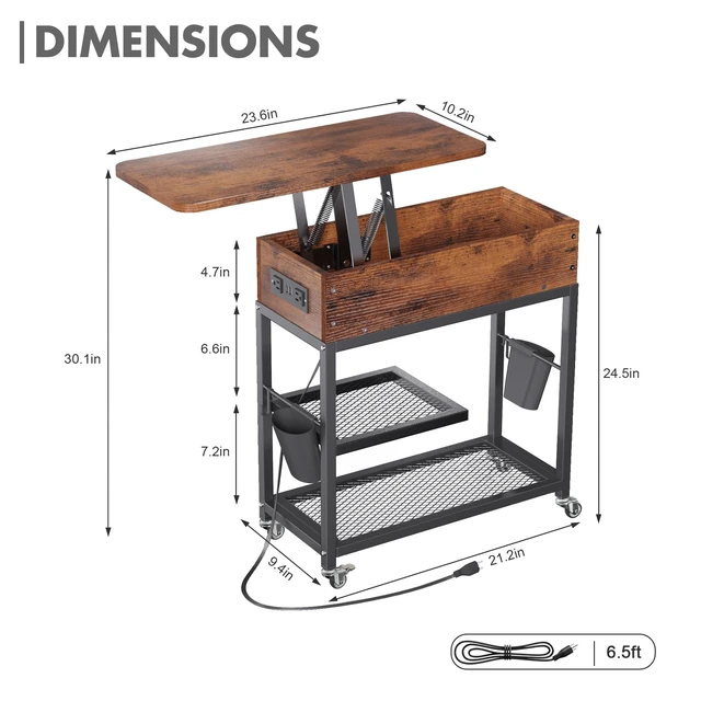 Alt view image 2 of 7 - Lift-Top Side Table with Charging Station, USB Ports & AC Outlets | Mobile End Table Hidden Storage, Wheels - Rustic Wood Nightstand for Living Room, Bedroom, Office